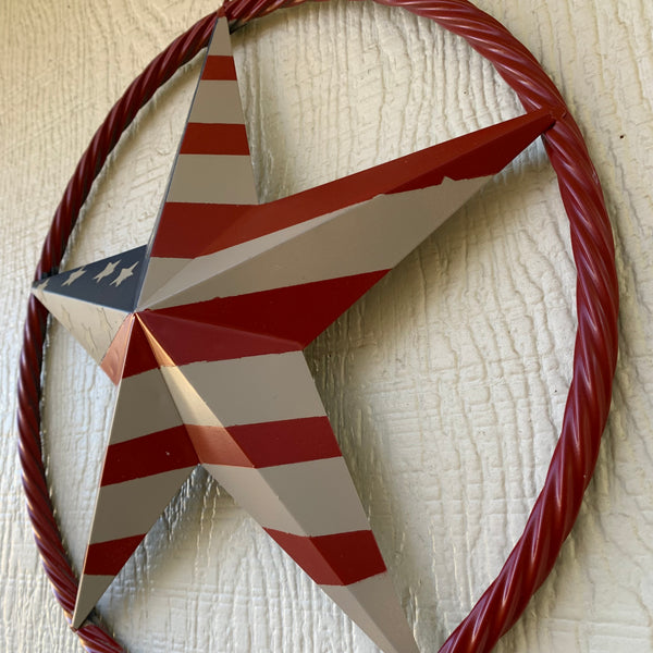 AMERICAN Flag USA Metal Barn Star RED , BEIGE, NAVY BLUE WITH RED Rope Ring Western Home Decor Handmade 12",16",24",30",34",36",40",48"