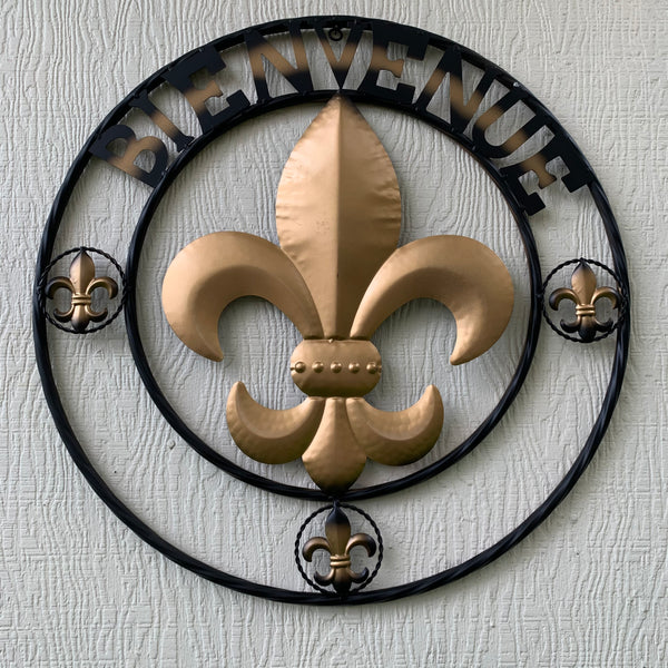 BIENVENUE FLEUR DE LIS METAL WALL ART WESTERN HOME DECOR RUSTIC GOLD & BLACK NEW--FREE SHIPPING