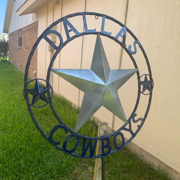 24" STAR & 34" STAKE DALLAS COWBOYS DECOR METAL ART WESTERN HOME WALL DECOR ALL SILVER & NAVY BLUE WITH 34" STAKE