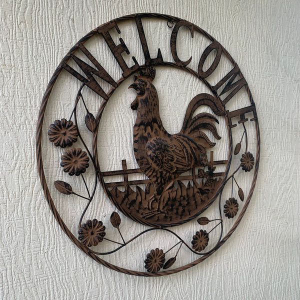 #EH11437 ROOSTER WELCOME 24" SCROLL ART METAL SIGN WESTERN HOME DECOR NEW