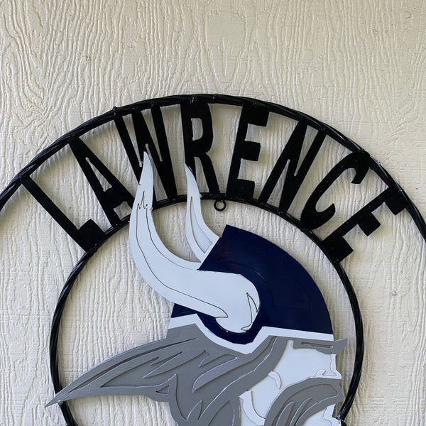 LAWRENCE UNIVERSITY METAL CUSTOM VINTAGE CRAFT WALL ART RUSTIC BLUE SILVER WHITE TEAM SIGN HANDMADE