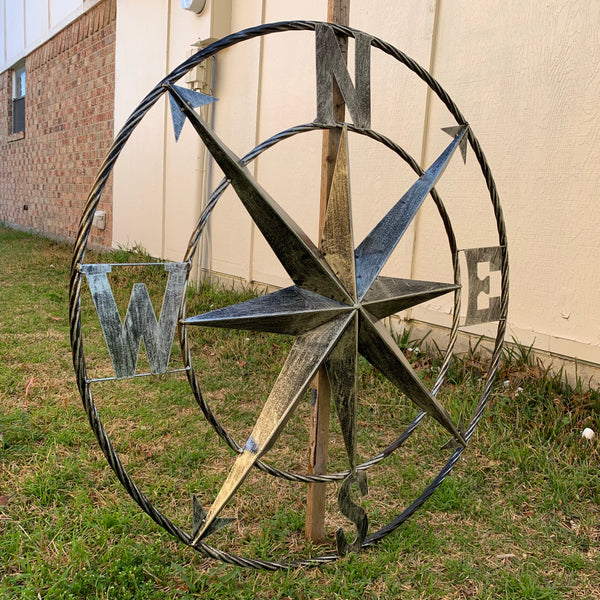 36" COMPASS GREY METAL ART WESTERN METAL ART HOME WALL DECOR RUSTIC GREY