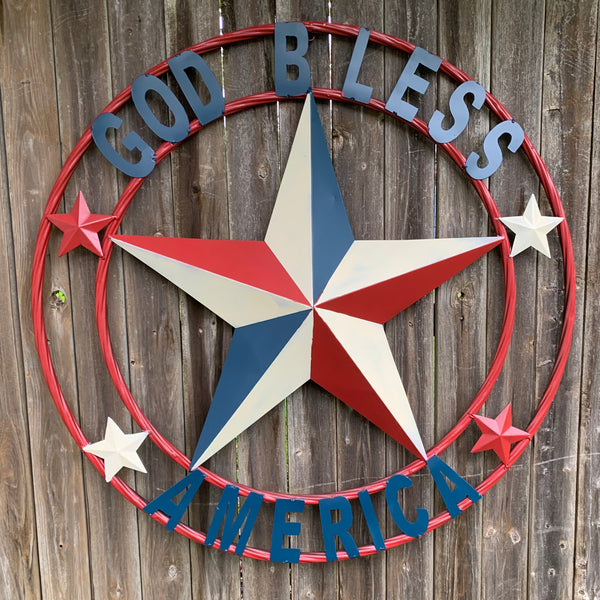 #EH10489 GOD BLESS AMERICA USA FLAG BARN STAR METAL RED WHITE BLUE WESTER HOME DECOR HANDMADE NEW