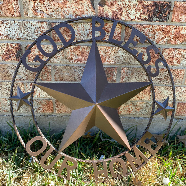 #EH11021 GOD BLESS OUR HOME BARN METAL STAR TWISTED ROPE RING WESTERN HOME DECOR HANDMADE NEW