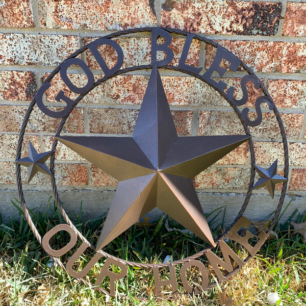 24",32" GOD BLESS OUR HOME BARN METAL STAR ROPE RING WALL ART WESTERN HOME DECOR NEW BRONZE