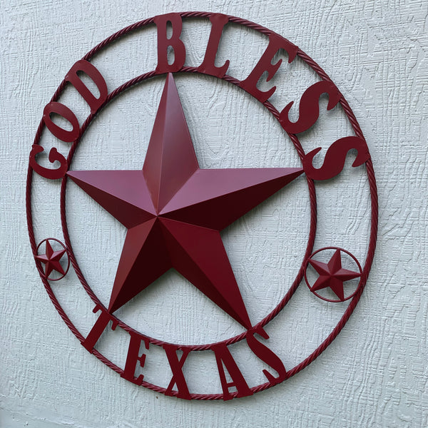 24",32",40",50" BURGUNDY RED GOD BLESS TEXAS BARN STAR ROPE RING METAL WALL ART WESTERN HOME DECOR NEW