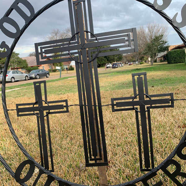 40"GOD BLESS OUR RIDERS CRUCIFIX BLACK CROSS METAL WALL ART HANDMADE