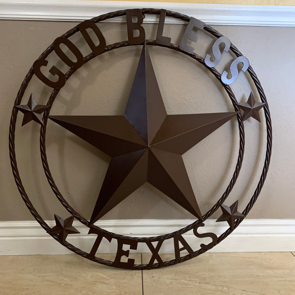 #EH11085 GOD BLESS TEXAS BROWN BARN STAR METAL LONE STAR TWISTED ROPE RING WESTERN HOME DECOR HANDMADE NEW