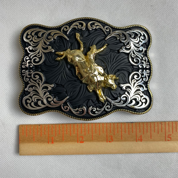 4.5" X 3.5" RODEO BELT BUCKLE BLACK SILVER & GOLD WESTERN BUCKLE FASHION ART NEW #EH12269