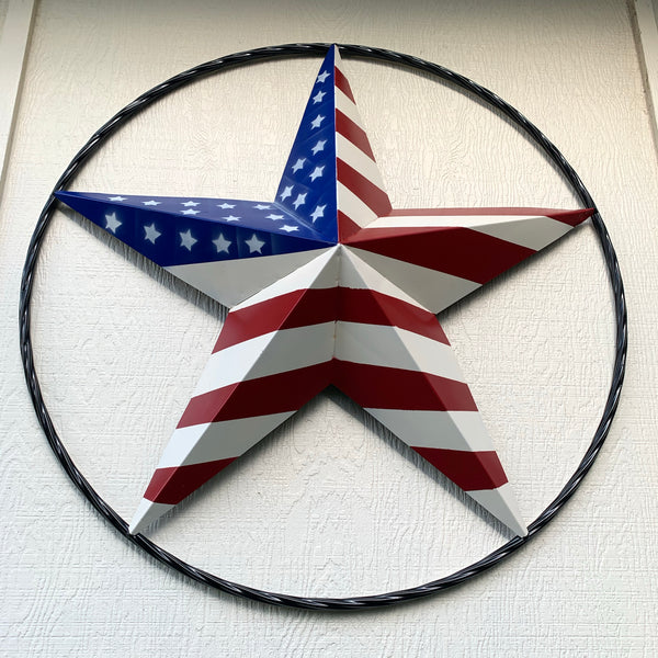 AMERICAN Flag USA Metal Barn Star RED WHITE & BLUE with Black Rope Ring Western Home Decor Handmade 12",16",24",30",34",36",40",48"