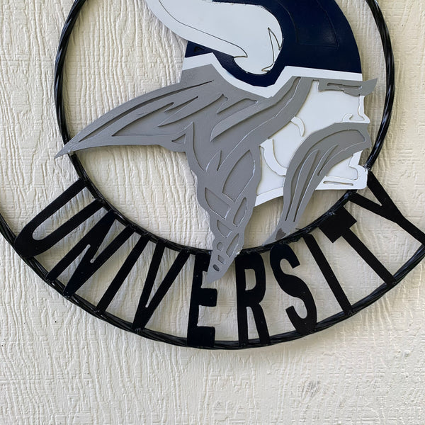LAWRENCE UNIVERSITY METAL CUSTOM VINTAGE CRAFT WALL ART RUSTIC BLUE SILVER WHITE TEAM SIGN HANDMADE
