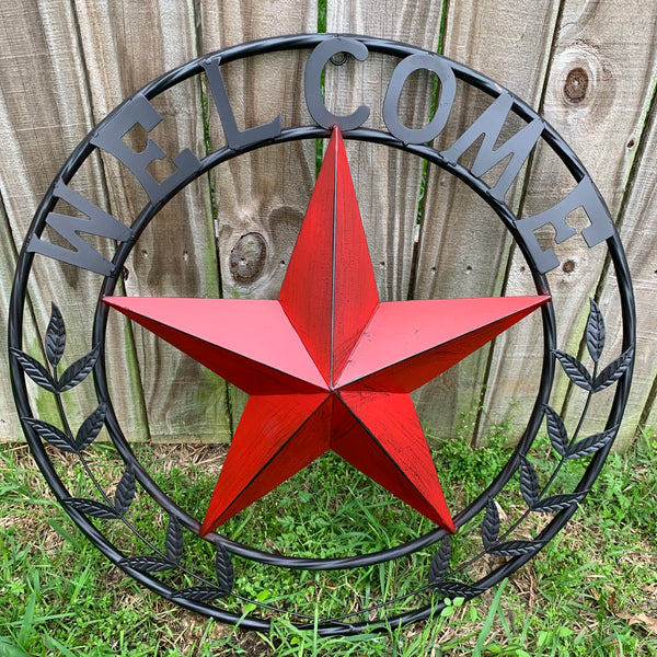 24" WELCOME LEAF LEAVES STAR METAL WALL ART WESTERN HOME DECOR RUSTIC RED HANDMADE