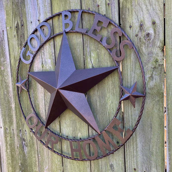 #EH11021 GOD BLESS OUR HOME BARN METAL STAR TWISTED ROPE RING WESTERN HOME DECOR HANDMADE NEW