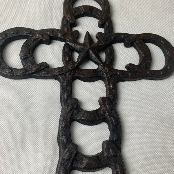 Si56369 HORSESHOES Western Cross Cast Iron Texas Star Rustic Dark Brown Wall Home Decor 10 ½ x 8 ½ inches #56369