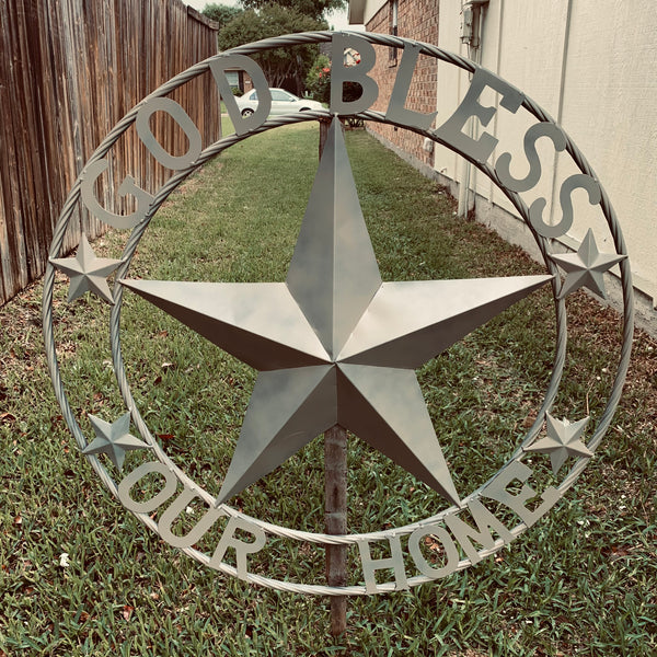 36" GOD BLESS OUR HOME RUSTIC BEIGE BARN METAL STAR ROPE RING WALL ART WESTERN HOME DECOR--FREE SHIPPING
