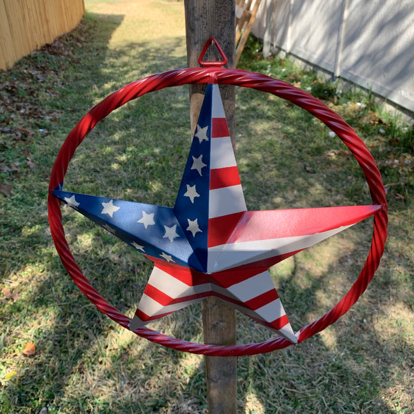 AMERICAN Flag USA Metal Barn Star RED , BEIGE, NAVY BLUE WITH RED Rope Ring Western Home Decor Handmade 12",16",24",30",34",36",40",48"