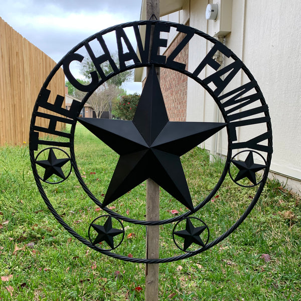 CHAVEZ STYLE CUSTOM FAMILY NAME STAR BLACK STEEL METAL BARN STAR ROPE RING WESTERN HOME DECOR VINTAGE NEW HANDMADE 24",32",34",36",40",42",44",46",50"