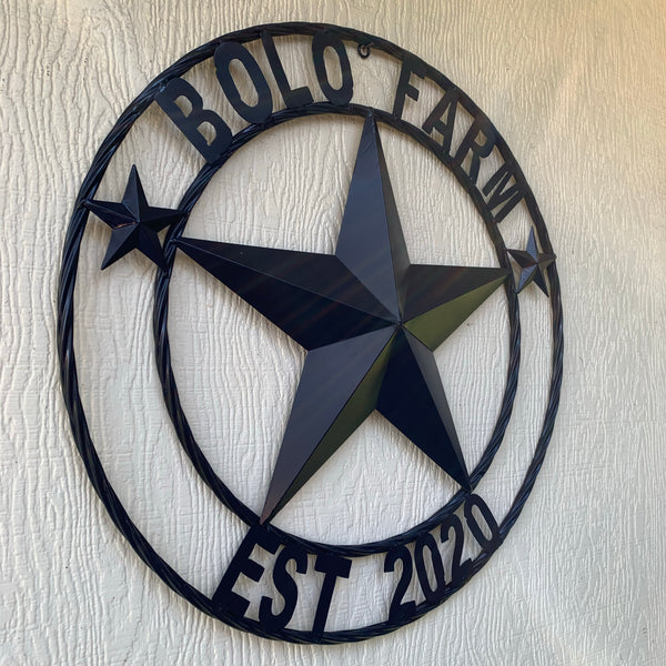 CREEKSIDE FARM STYLE YOUR CUSTOM NAME BARN BLACK STAR 3d WITH TWISTED ROPE RING DESIGN METAL WALL ART WESTERN HOME DECOR NEW HANDMADE, 24", 32", 36", 40", 44", 46", 50"