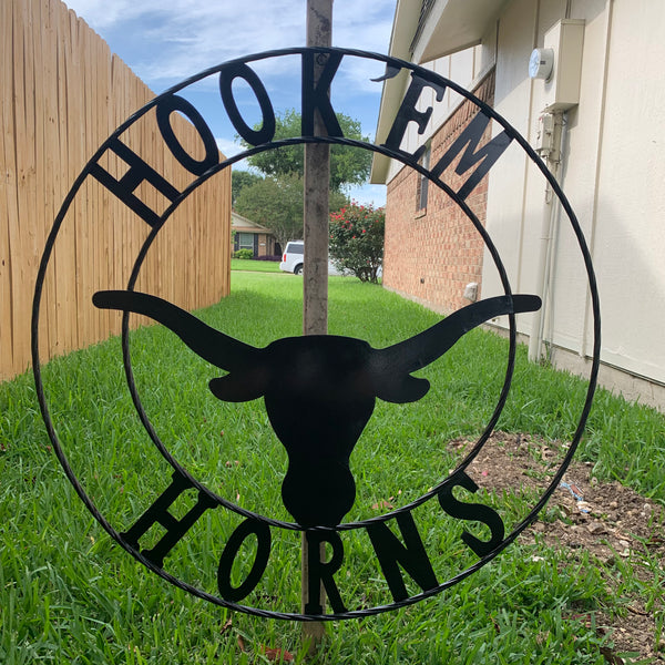 HOOKEM HORNS GLOSSY BLACK TEXAS LONGHORNS HOOK EM METAL CUSTOM VINTAGE CRAFT WALL ART TEAM SIGN HANDMADE