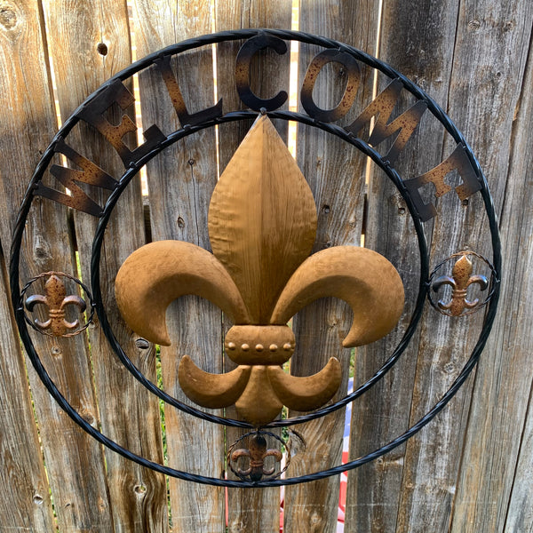 24", 32" WELCOME FLEUR DE LIS METAL WALL ART WESTERN HOME DECOR GOLD & BLACK