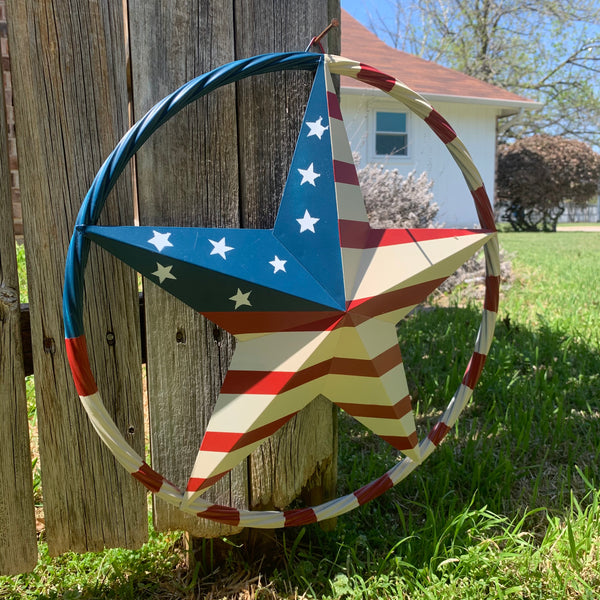 AMERICAN USA FLAG BARN STAR METAL RED IVORY BEIGE BLUE STAR12",16",24",32"36",38",40",48"