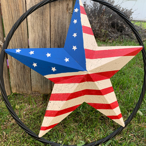 24" AMERICAN USA FLAG CRACKLE STAR METAL WALL ART WESTERN HOME DECOR HANDMADE NEW