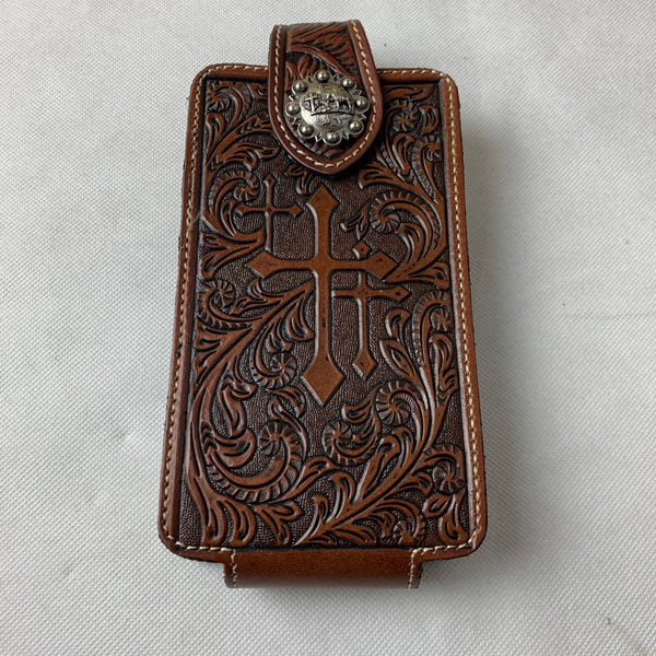 #WS344D 7" COWBOY PRAYER CROSS COFFEE BROWN  LEATHER POUCH EXTRA LARGE  BELT LOOP HOLSTER CELL PHONE CASE UNIVERSAL OVERSIZE--FREE SHIPPING