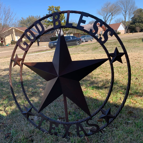 #EH11085 GOD BLESS TEXAS BROWN BARN STAR METAL LONE STAR TWISTED ROPE RING WESTERN HOME DECOR HANDMADE NEW