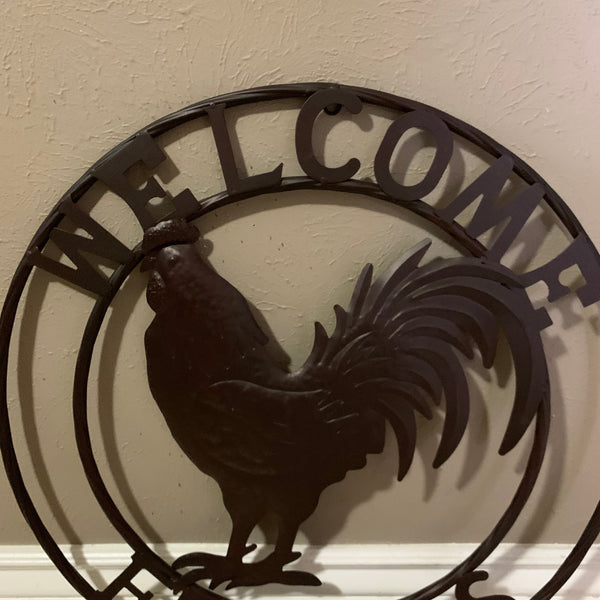 24" WELCOME FRIENDS ROOSTER WESTERN METAL ANIMAL ART HOME WALL ART RUSTIC BROWN COLOR