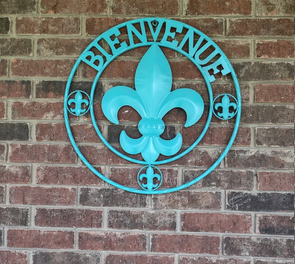 BIENVENUE FLEUR DE LIS TURQUOISE METAL WALL ART WESTERN HOME DECOR RUSTIC ART NEW