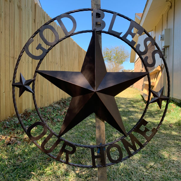 #EH11021 GOD BLESS OUR HOME BARN METAL STAR TWISTED ROPE RING WESTERN HOME DECOR HANDMADE NEW