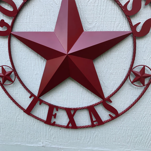 24",32",40",50" BURGUNDY RED GOD BLESS TEXAS BARN STAR ROPE RING METAL WALL ART WESTERN HOME DECOR NEW