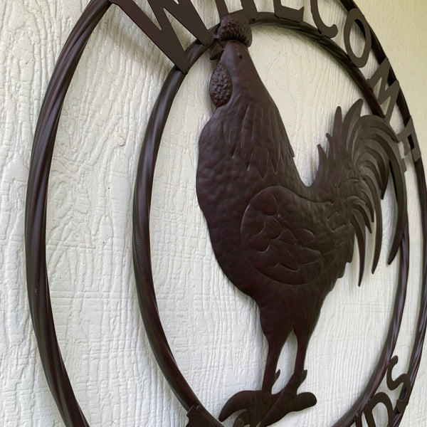 24" WELCOME FRIENDS ROOSTER WESTERN METAL ANIMAL ART HOME WALL ART RUSTIC BROWN COLOR