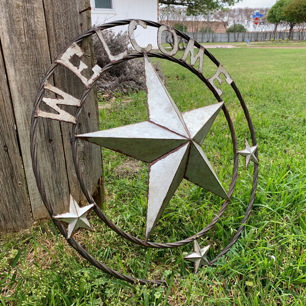 #RT6160 WELCOME GALV 24" METAL BARN STAR TWISTED RING WESTERN HOME DECOR HANDMADE NEW