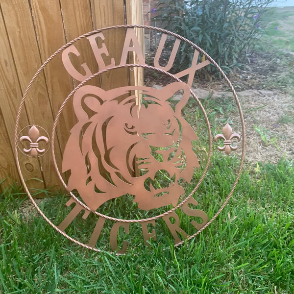 12",18", 24", 32", 36" GEAUX TIGERS HAMMERED COPPER CUSTOM METAL VINTAGE CRAFT SIGN TEAM HANDMADE