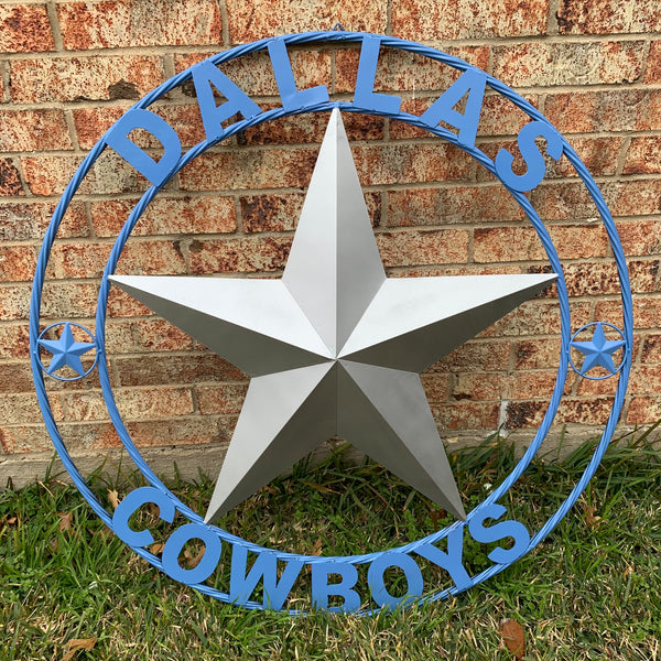 DALLAS COWBOYS SILVER & LIGHT BLUE BARN STAR CUSTOM VINTAGE METAL LONE STAR ART WESTERN HOME DECOR SIZE:24",32",36",40",42",44",46",50"