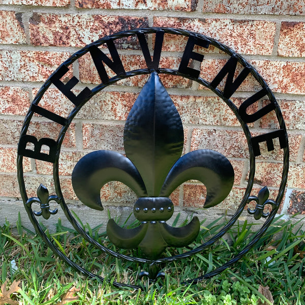 24", 32" GLOSSY BLACK BIENVENUE FLEUR DE LIS METAL WALL ART WESTERN HOME DECOR NEW