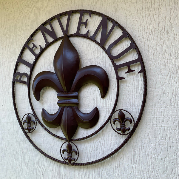 24", 32" FLEUR DE LIS BIENVENUE METAL WALL ART WESTERN HOME DECOR RUSTIC BROWN NEW