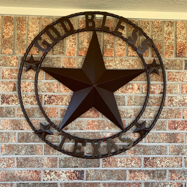 #EH11085 GOD BLESS TEXAS BROWN BARN STAR METAL LONE STAR TWISTED ROPE RING WESTERN HOME DECOR HANDMADE NEW