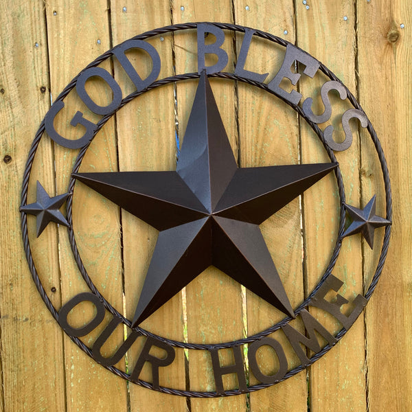 #EH11021 GOD BLESS OUR HOME BARN METAL STAR TWISTED ROPE RING WESTERN HOME DECOR HANDMADE NEW