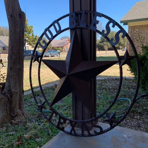 #EH11085 GOD BLESS TEXAS BROWN BARN STAR METAL LONE STAR TWISTED ROPE RING WESTERN HOME DECOR HANDMADE NEW
