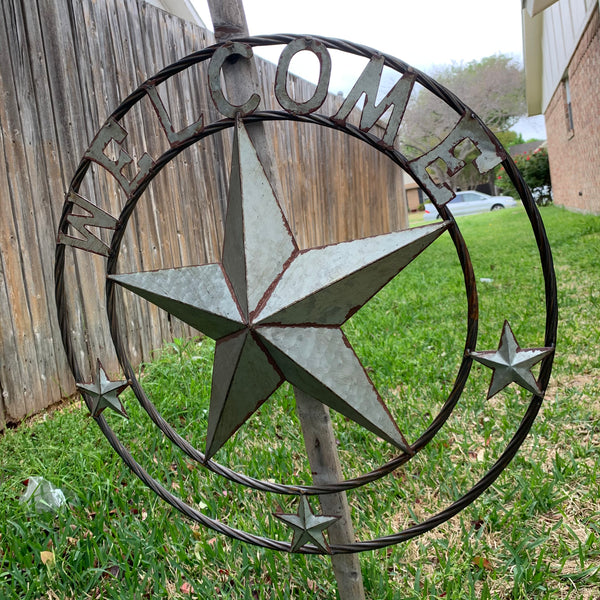 #RT6160 WELCOME GALV 24" METAL BARN STAR TWISTED RING WESTERN HOME DECOR HANDMADE NEW