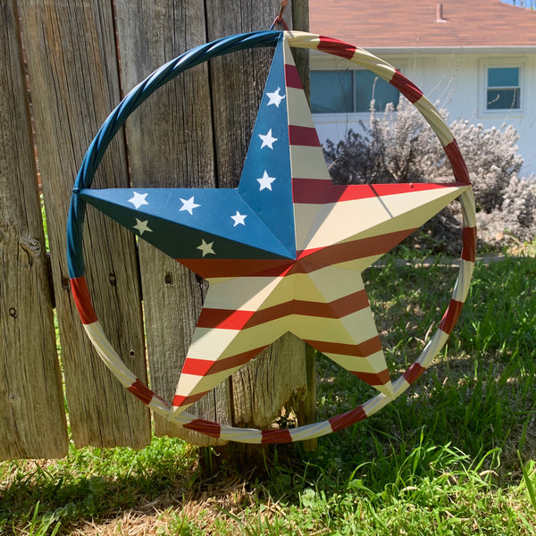 AMERICAN USA FLAG BARN STAR METAL RED IVORY BEIGE BLUE STAR12",16",24",32"36",38",40",48"