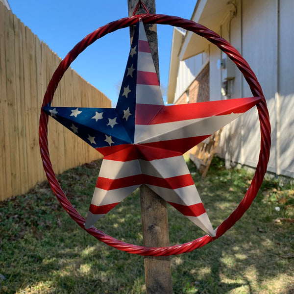 AMERICAN Flag USA Metal Barn Star RED , BEIGE, NAVY BLUE WITH RED Rope Ring Western Home Decor Handmade 12",16",24",30",34",36",40",48"