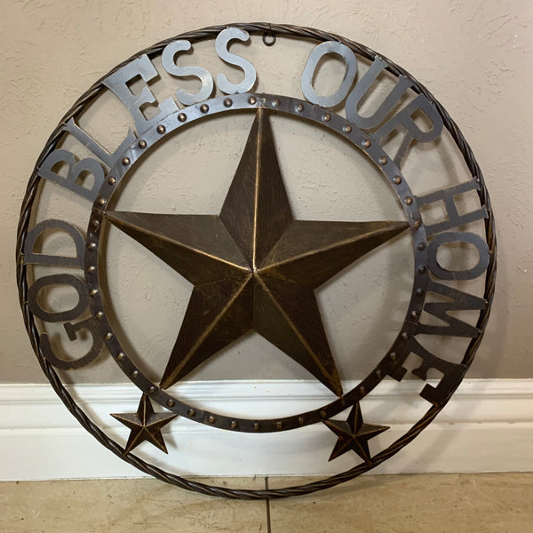24" GOD BLESS OUR HOME BEADED BARN STAR WITH TWISTED ROPE RING DESIGN METAL WALL ART WESTERN HOME DECOR VINTAGE RUSTIC DARK BRONZE COPPER NEW