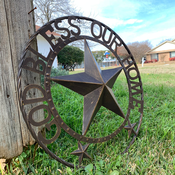 24" GOD BLESS OUR HOME BEADED BARN STAR WITH TWISTED ROPE RING DESIGN METAL WALL ART WESTERN HOME DECOR VINTAGE RUSTIC DARK BRONZE COPPER NEW