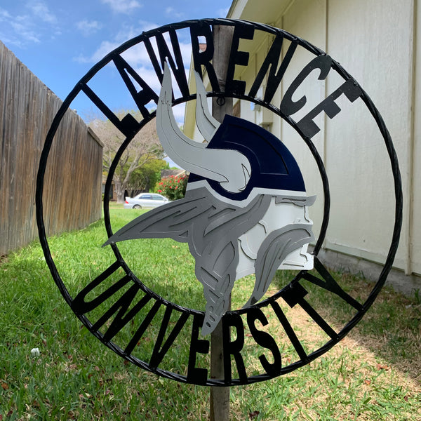 LAWRENCE UNIVERSITY METAL CUSTOM VINTAGE CRAFT WALL ART RUSTIC BLUE SILVER WHITE TEAM SIGN HANDMADE
