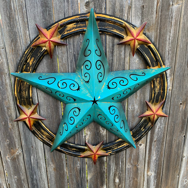 #RT5045 TURQUOISE CARVED CUT STAR 26",36", BARN METAL WESTERN HOME DECOR HANDMADE NEW