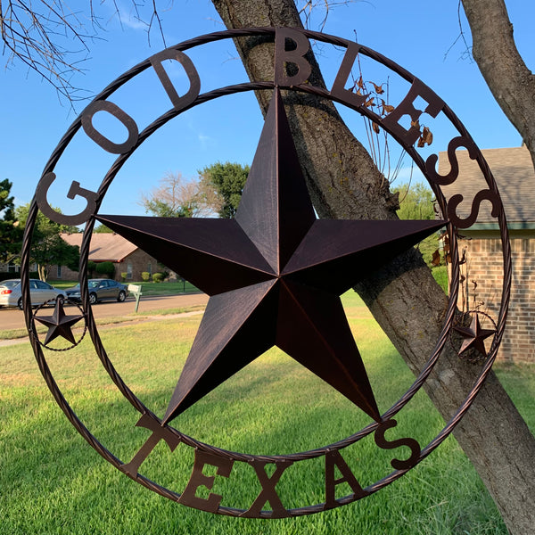 #EH10197 GOD BLESS TEXAS BARN STAR METAL LONESTAR TWISTED ROPE RING WESTERN HOME DECOR HANDMADE NEW