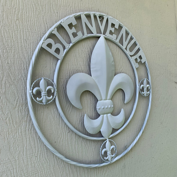 24", 32" GLOSS WHITE FLEUR DE LIS BIENVENUE METAL WALL ART WESTERN HOME DECOR